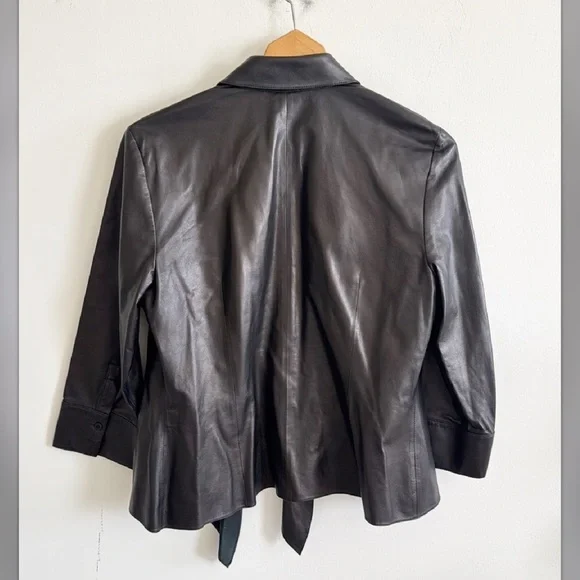 Lafayette 148 black/brown leather tie front jacket top size 10